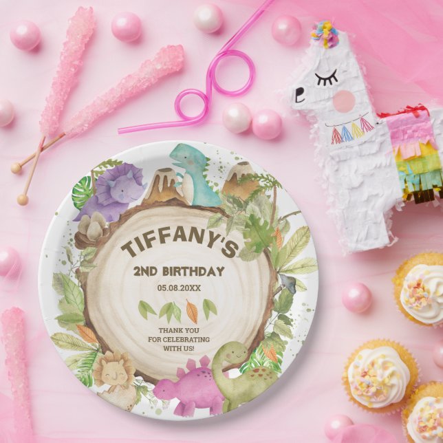 Plato De Papel Dinosaurios morados rosados puros jurásicos Chica  (Fiesta)