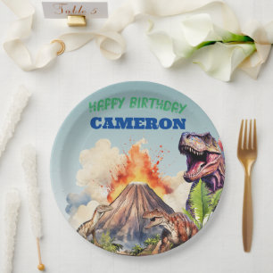 Plato De Papel Dinosaurios realistas y nombre personalizado del v