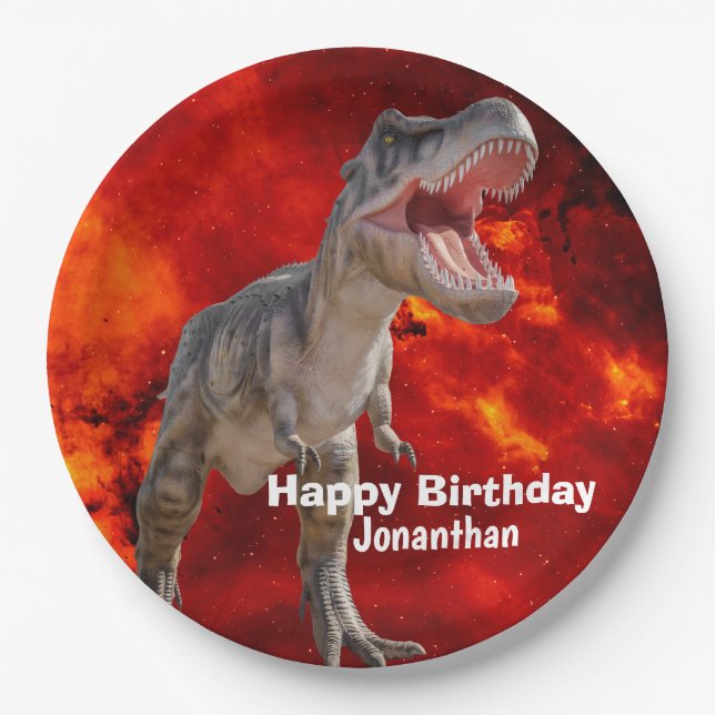 Plato De Papel Dinosaurios T Rex disparan al mundo Jurásico (Anverso)