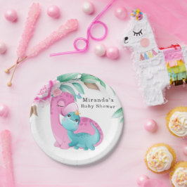 Plato De Papel Dinosaurios Verde azulados rosados lindo Peony Gir