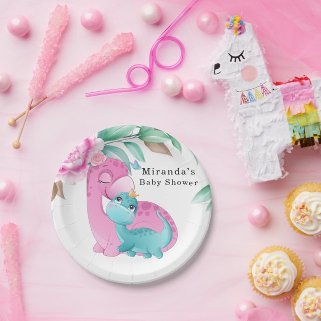 Plato De Papel Dinosaurios Verde azulados rosados lindo Peony Gir (Fiesta)