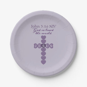 Plato De Papel Dios Amó Tanto al Mundo Corazón de Lavanda Cruz