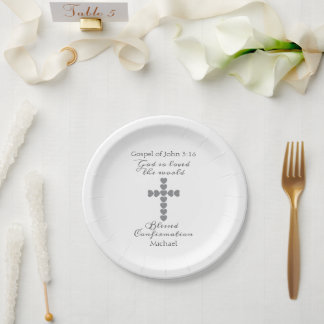 Plato De Papel Dios Amó Tanto al Mundo Corazón de Plata Cruz Blan