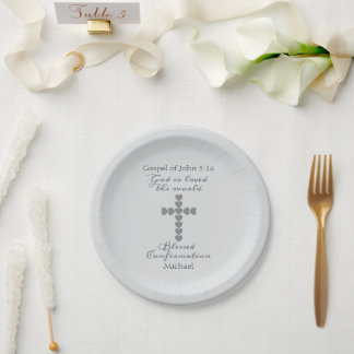 Plato De Papel Dios Amó Tanto al Mundo Cruz de Corazón de Plata G