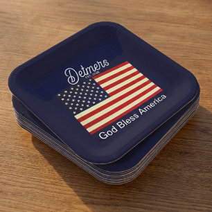 Plato De Papel Dios personalizado bendice la bandera de Estados U