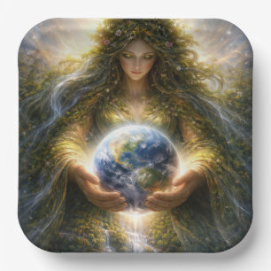 Plato De Papel Diosa Gaia sosteniendo suavemente el planeta Tierr