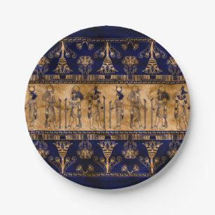 Plato De Papel Dioses egipcios y frontera ornamental -oro azul
