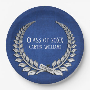 Plato De Papel Diploma de Graduación Laurel Plateado sobre Azul