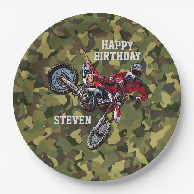 Plato De Papel Dirt Bike Red Birthday Sport Motorcycle Guay Camo (Anverso)