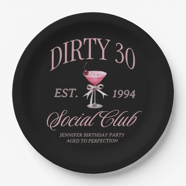 Plato De Papel Dirty 30 Coquette Martini & Bow Cumpleaños (Anverso)