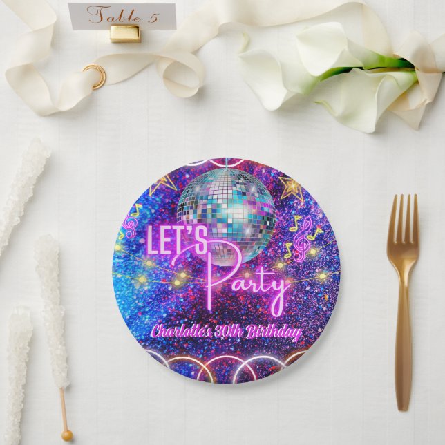 Plato De Papel Discoteca Let's Fiesta Neon Pink Glow Cumpleaños (Boda)