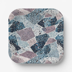 Plato De Papel Diseño abstracto de Blue and Mauve Terrazzo