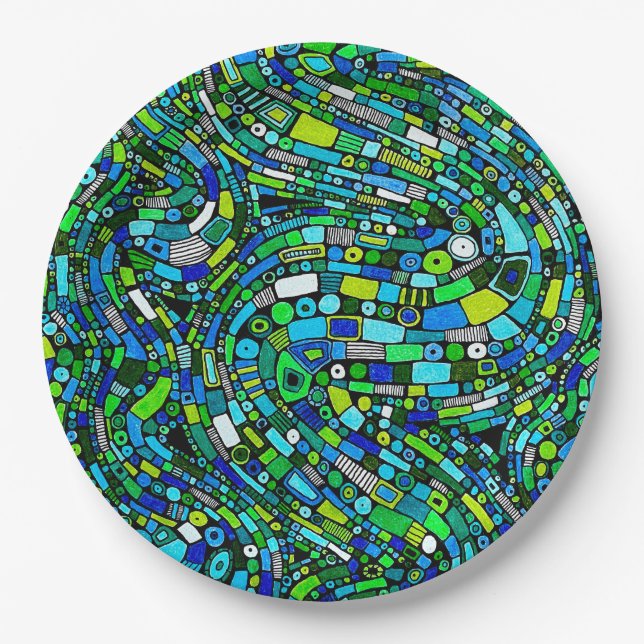 Plato De Papel Diseño abstracto olas formas verdes azules (Anverso)