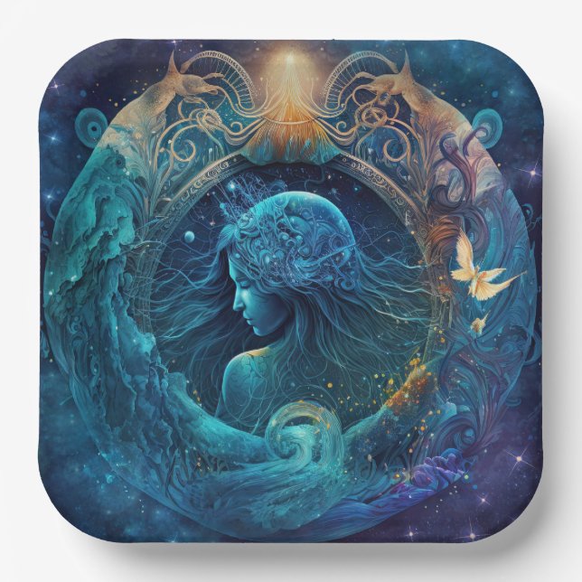 Plato De Papel Diseño acuático de Rótulo Aquarius Zodiac (Anverso)