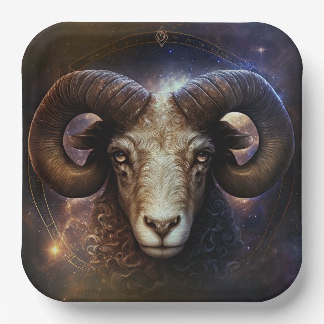 Plato De Papel Diseño acuático de Rótulo Aries Zodiac (Anverso)