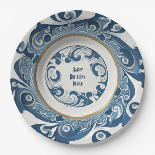 Plato De Papel Diseño Art-Deco de porcelana azul/blanca personali