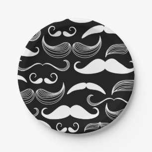 Plato De Papel Diseño blanco divertido del bigote en etiqueta