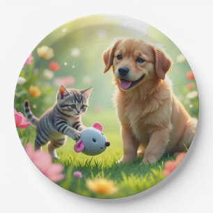 Plato De Papel Diseño bonito y hermoso gato y perro en