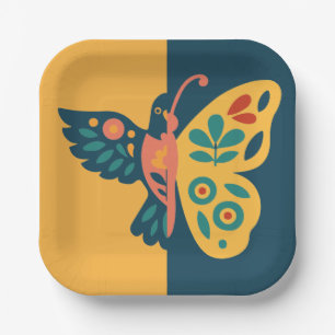 Plato De Papel Diseño caprichoso de mariposa y colibrí