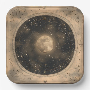 Plato De Papel Diseño celestial ruso vintage de luna llena