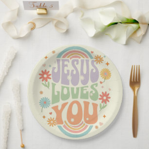 Plato De Papel Diseño Cristiano Retro Pastel “Jesús te Ama” –