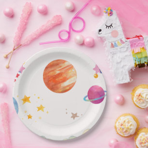 Plato De Papel Diseño de acuarela con temática espacial - Ligero
