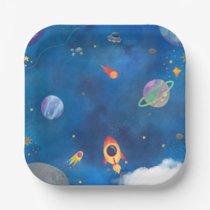 Plato De Papel Diseño de acuarela espacial - Azul oscuro