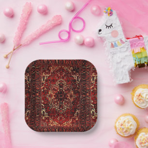 Plato De Papel Diseño de alfombras orientales en rojo oscuro