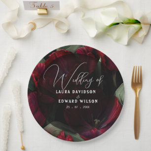 Plato De Papel diseño de boda floral borgoña con vino rico