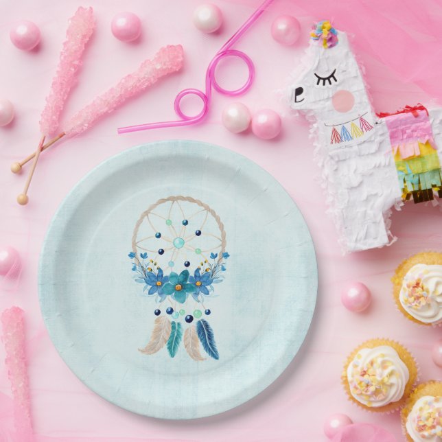 Plato De Papel Diseño de Boho estilo Blue Dreamcatcher (Fiesta)