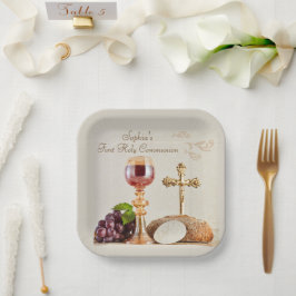 Plato De Papel Diseño de Cáliz Eucarístico para Primera Comunión