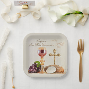 Plato De Papel Diseño de Cáliz Eucarístico para Primera Comunión