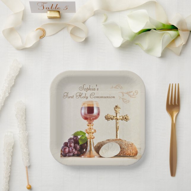 Plato De Papel Diseño de Cáliz Eucarístico para Primera Comunión (Boda)