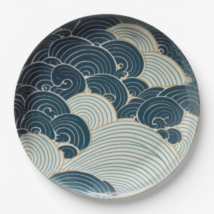 Plato De Papel Diseño de cerámica tradicional japonesa de onda az