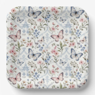 Plato De Papel Diseño de chinoiserie de mariposa y flor silvestre