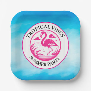 Plato De Papel Diseño de círculo de verano de flamenco rosa-68730