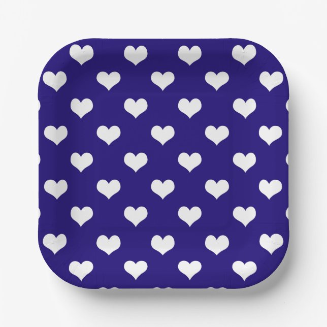 Plato De Papel Diseño de Corazones Encantadores Azul Blanco (Anverso)