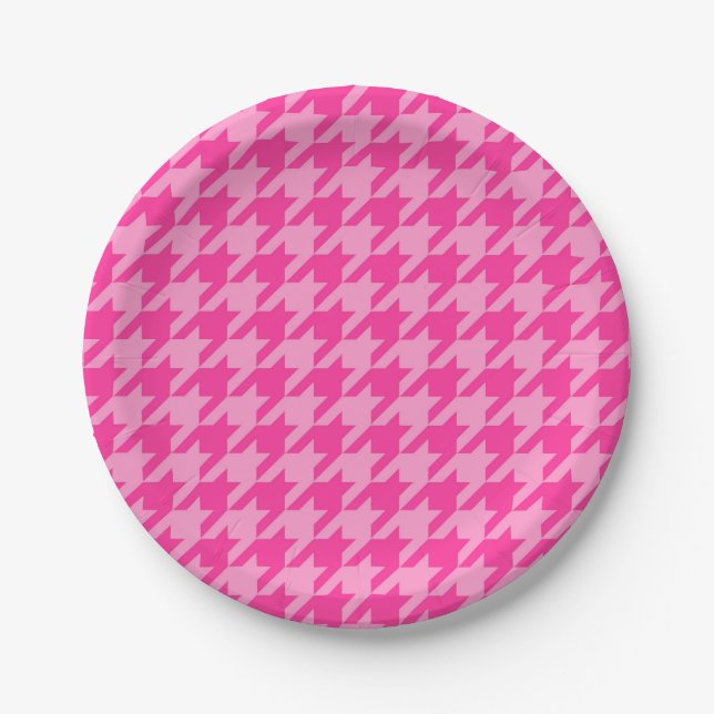 Plato De Papel Diseño de cuadro Houndstooth rosa caliente (Anverso)
