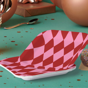 Plato De Papel Diseño de cuadros arlequín rosa rojo