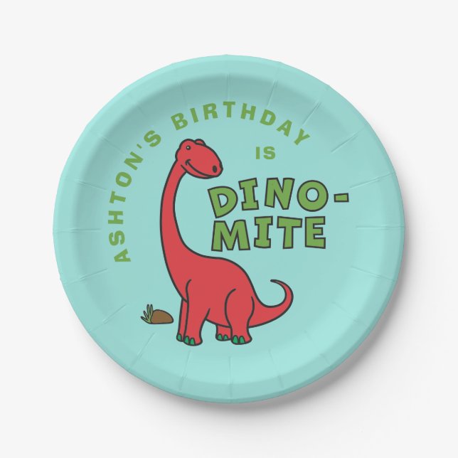 Plato De Papel Diseño de cumpleaños personalizado de Cute Dinosau (Anverso)