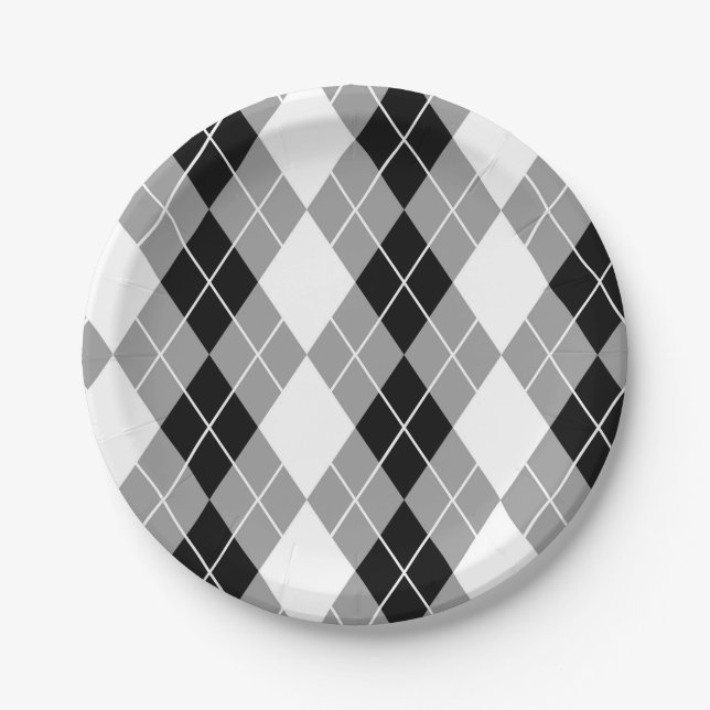 Plato De Papel Diseño de diamante argyle gris negro blanco (Anverso)