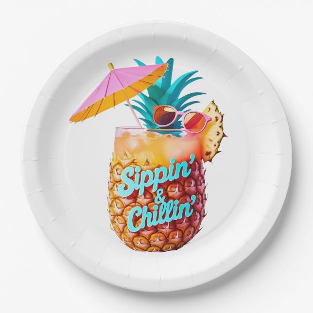 Plato De Papel Diseño de Fiestas tropicales de Sippin y Chillin (Anverso)