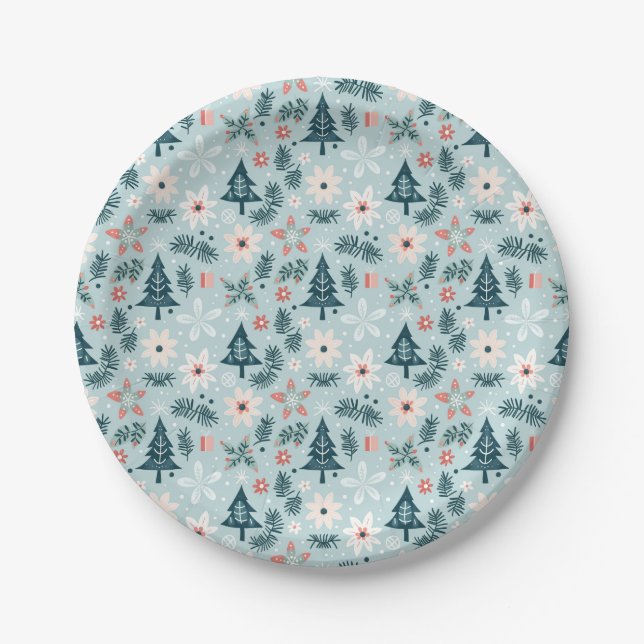 Plato De Papel Diseño de flores y árboles festivos (Anverso)