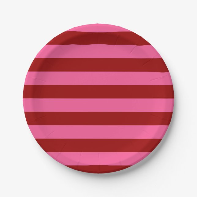 Plato De Papel Diseño de franjas rosadas rojas maroon (Anverso)