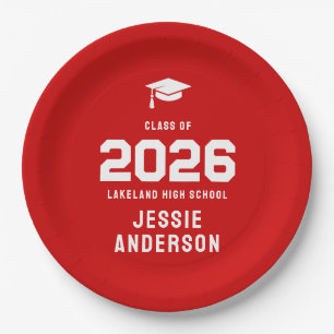 Plato De Papel Diseño de Graduación de la Clase de 2026 Rojo Inte