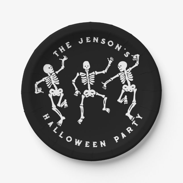 Plato De Papel Diseño de Halloween con esqueletos bailarines (Anverso)