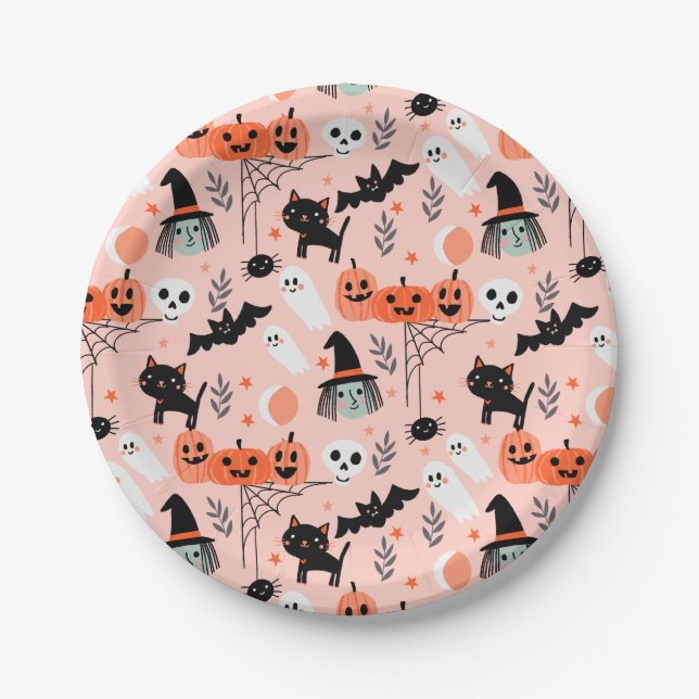 Plato De Papel Diseño de Halloween para niños pequeños rosa (Anverso)