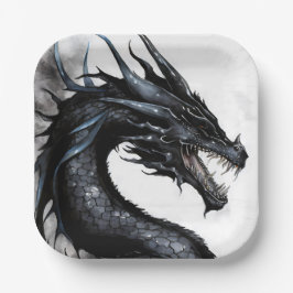 Plato De Papel Diseño de la acuarela del dragón negro