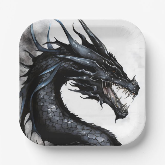 Plato De Papel Diseño de la acuarela del dragón negro (Anverso)