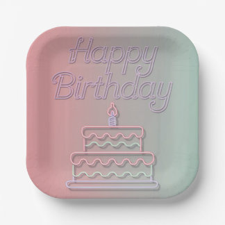 Plato De Papel Diseño de letrero de neón de Feliz Cumpleaños